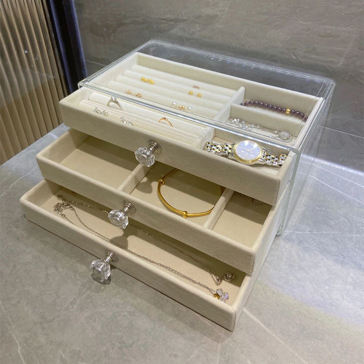 首饰收纳盒防氧化耳环耳钉项链绒布亚克力饰品盒子
