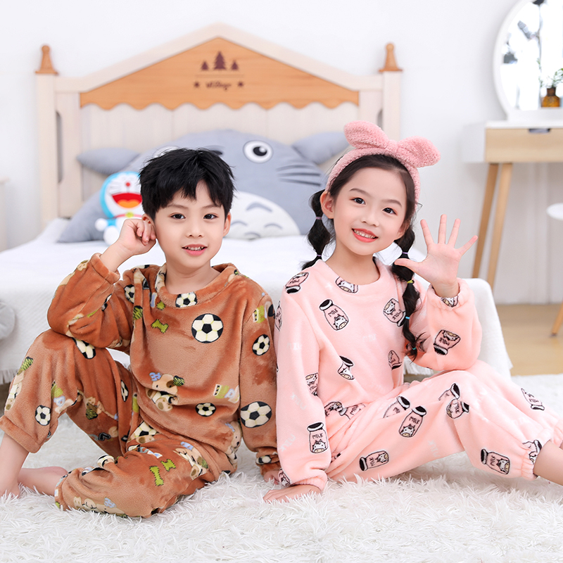 秋冬季儿童法兰绒睡衣珊瑚绒保暖男孩女童宝宝家居服亲子加绒套装