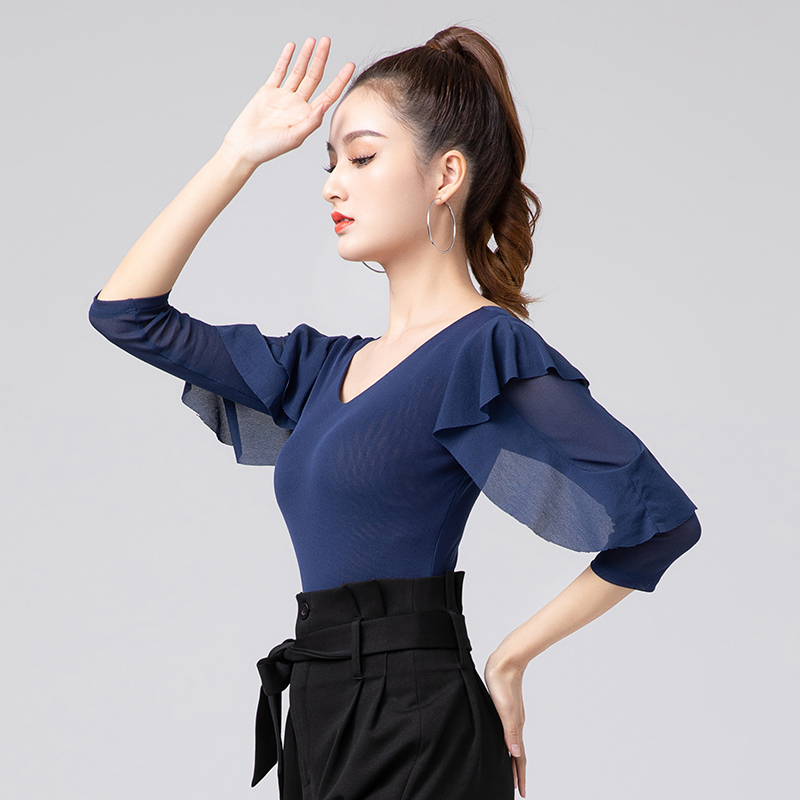 拉丁舞优雅女透气摩登舞吉特巴黑色服装连体训练形体团体演出表演