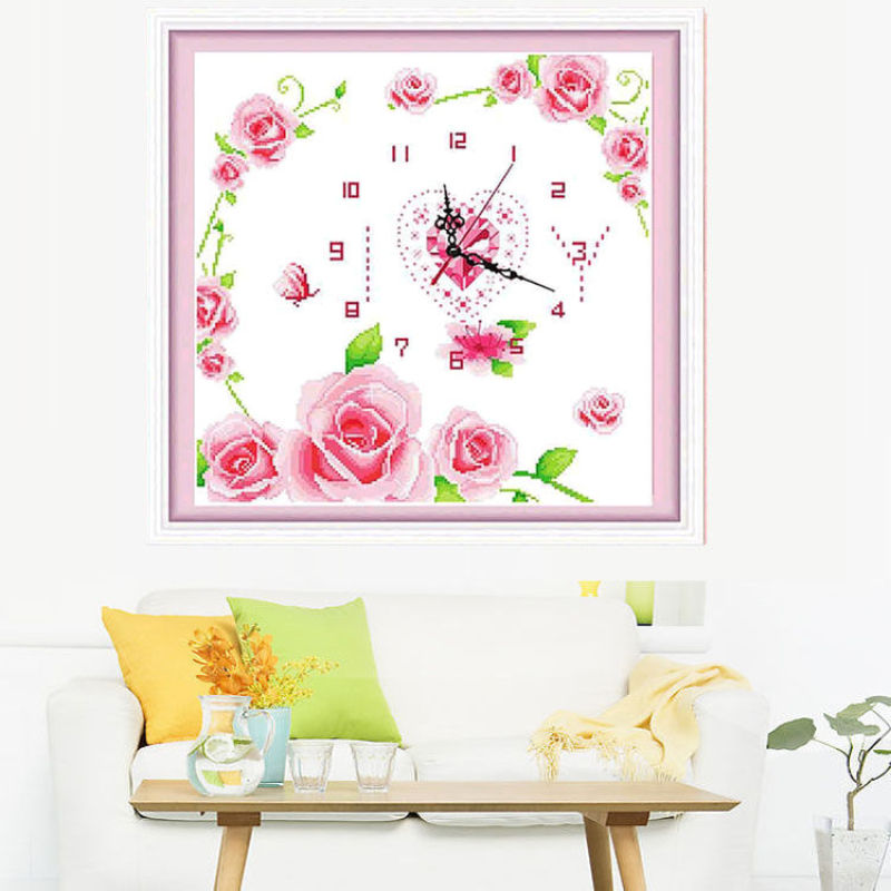 十字绣钟表客厅挂钟创意卧室简单清新款全绣简约现代刺绣时间夜光