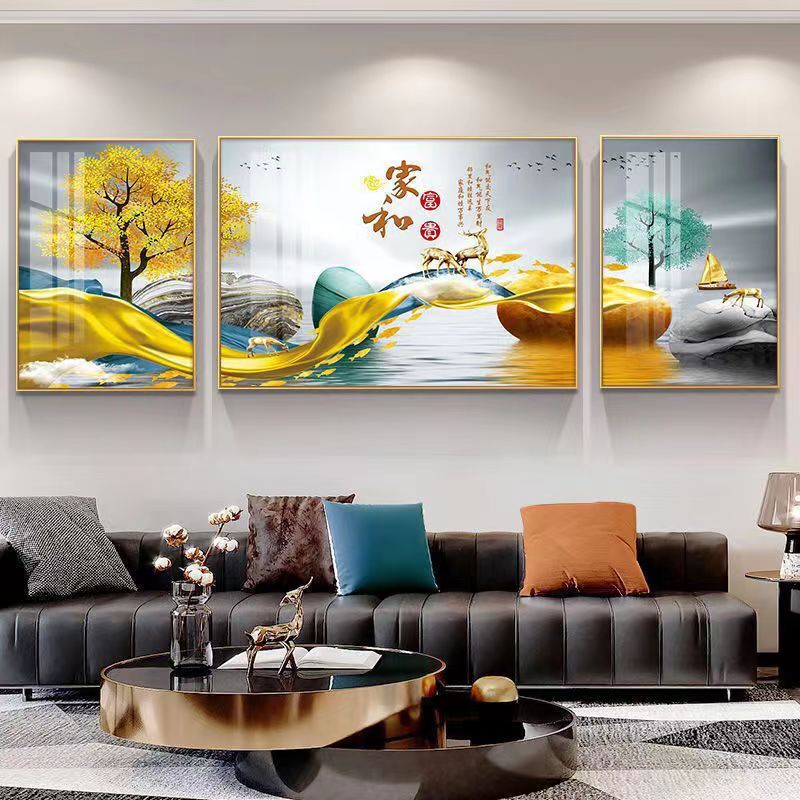 腾景空间【家和富贵】新中式立体轻奢风客厅装饰画挂画沙发三联画