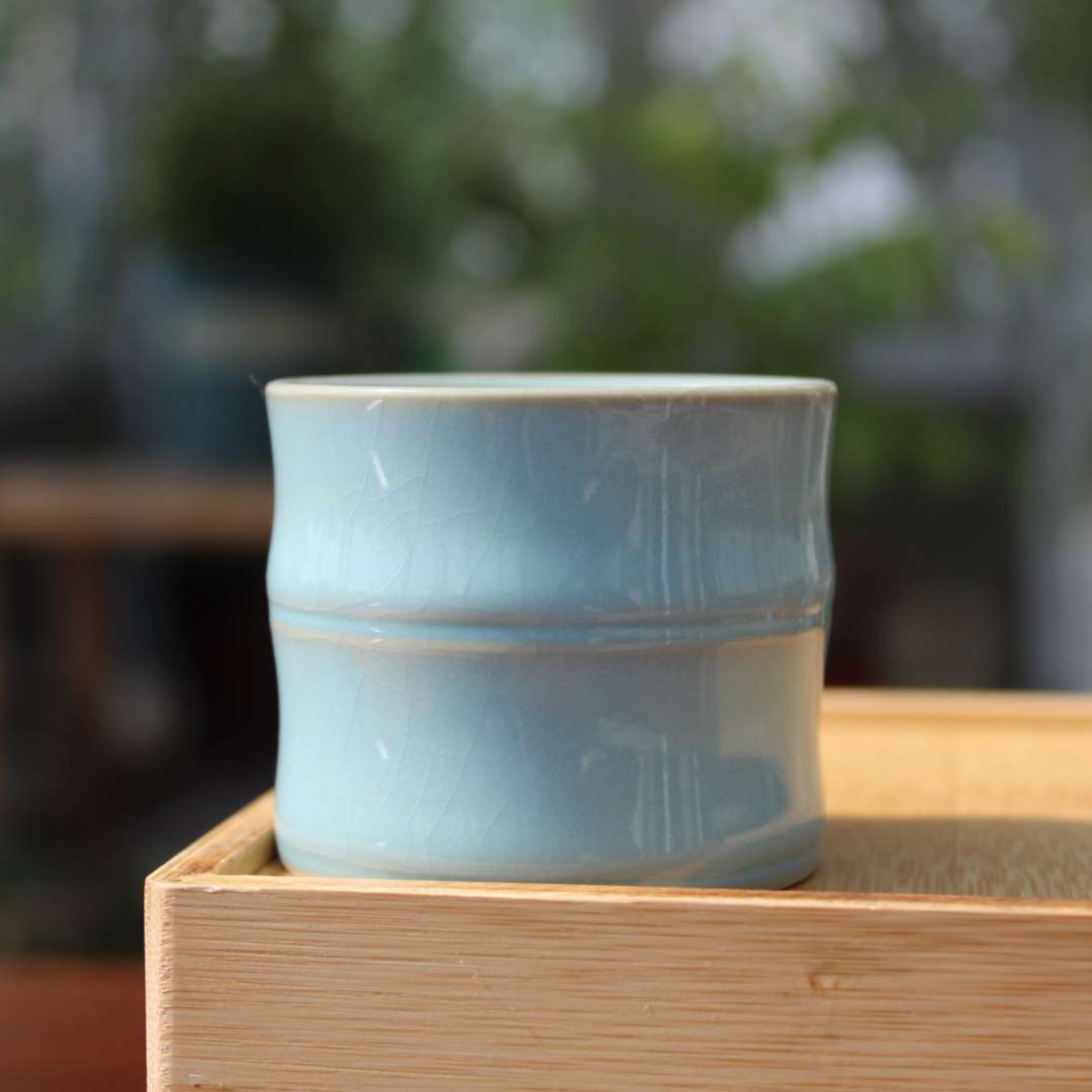 原矿纯手工拉坯支钉烧天青竹节杯汝窑汝瓷高端茶具全手工天青釉