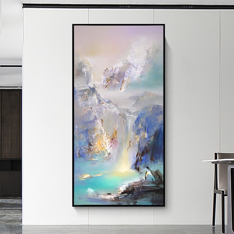现代手绘聚宝盆油画山水风景抽象画客厅装饰画玄关过道挂画竖版
