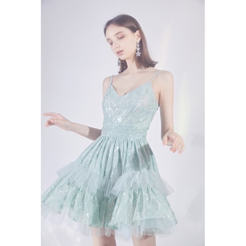 WARDROBES BY CHEN蕾丝亮片缀饰薄纱V领连衣裙SS20D0561