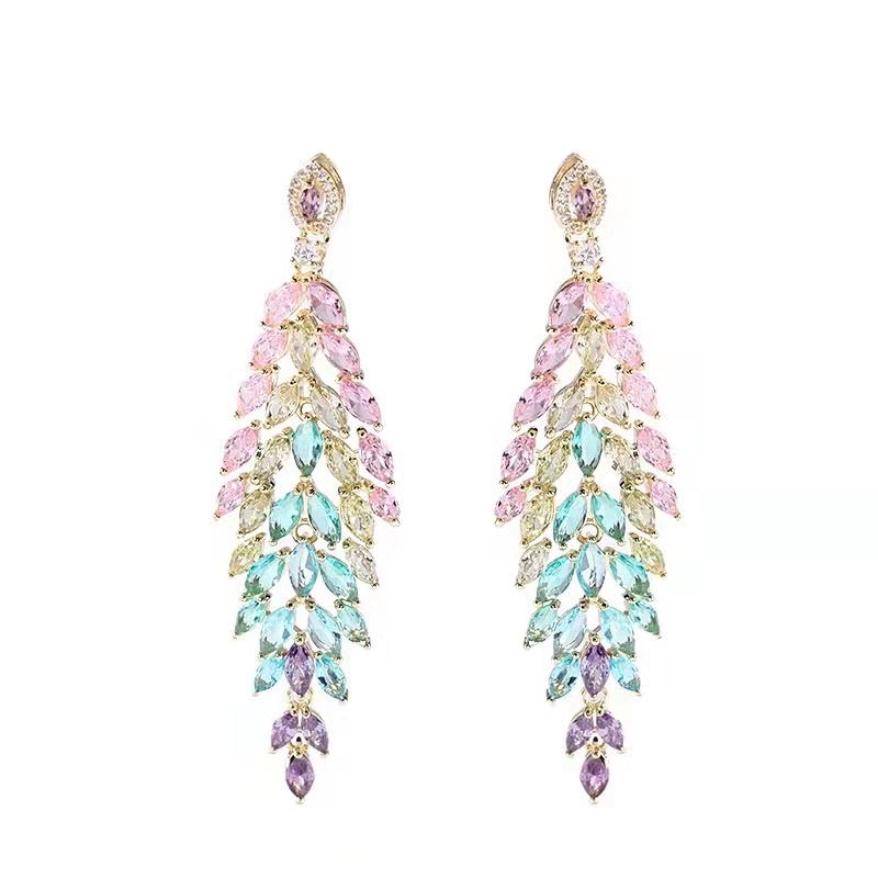 铜合金合成锆石耳饰 137优雅大气炫彩叶子耳环