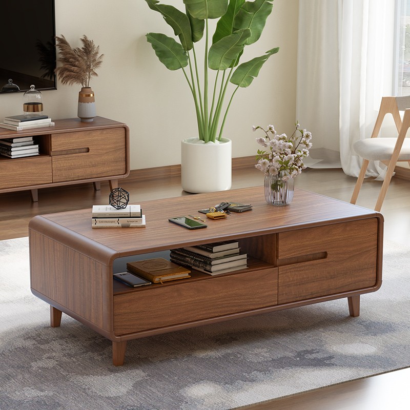家用实木框双层现代北欧客厅矮桌简约胡桃色储物桌多功能茶桌地桌
