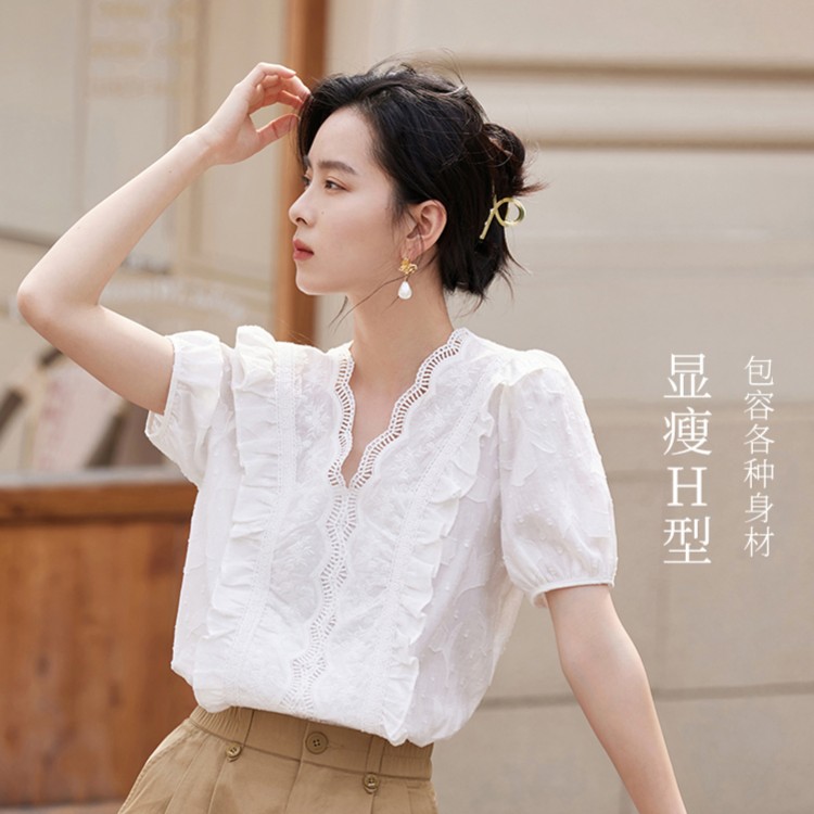 【视频同款】茵曼夏季女衬衫衬衣上衣短袖女士新款泡泡袖显瘦休闲