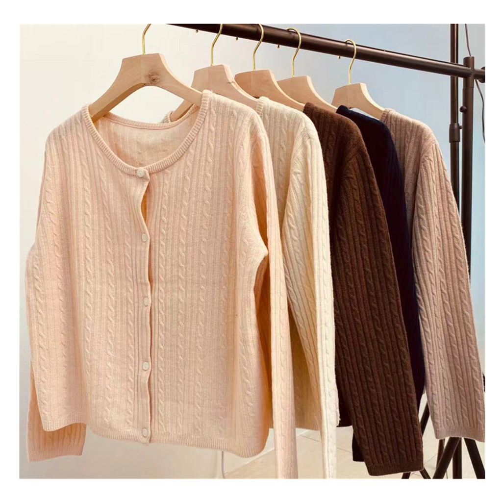 新款气质显瘦修身圆领时尚宽松简约针织扭花短款开衫