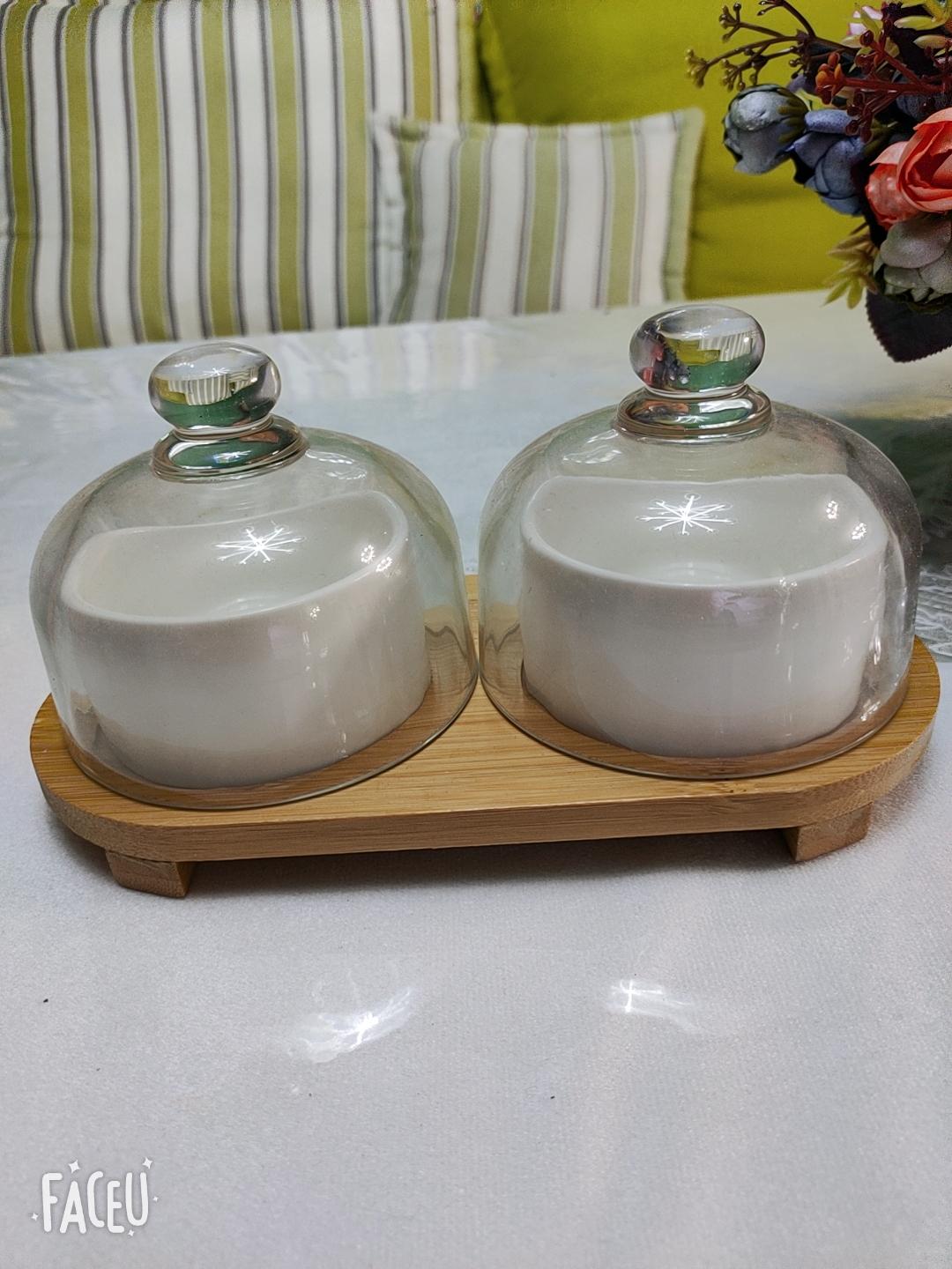 白色带木架子的果酱碗调味陶瓷家用透明盖碗