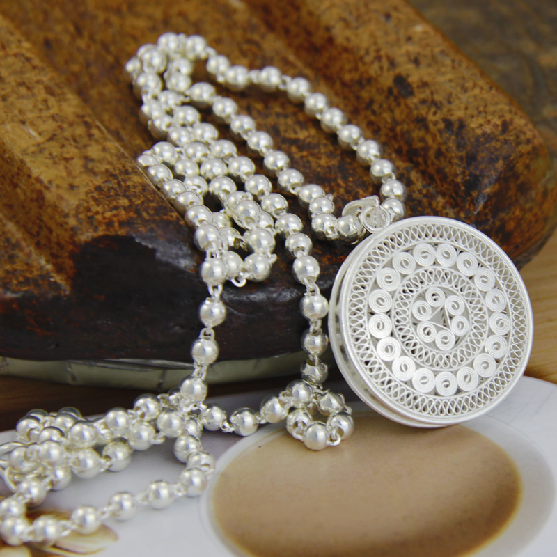 吊坠足银 手工掐丝素款花鼓银吊坠足银项链长款挂链古风素银挂坠