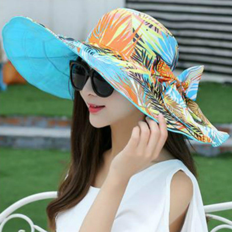 帽子女夏双面防晒帽户外遮阳折叠太阳帽时尚蝴蝶结飘带沙滩大檐帽