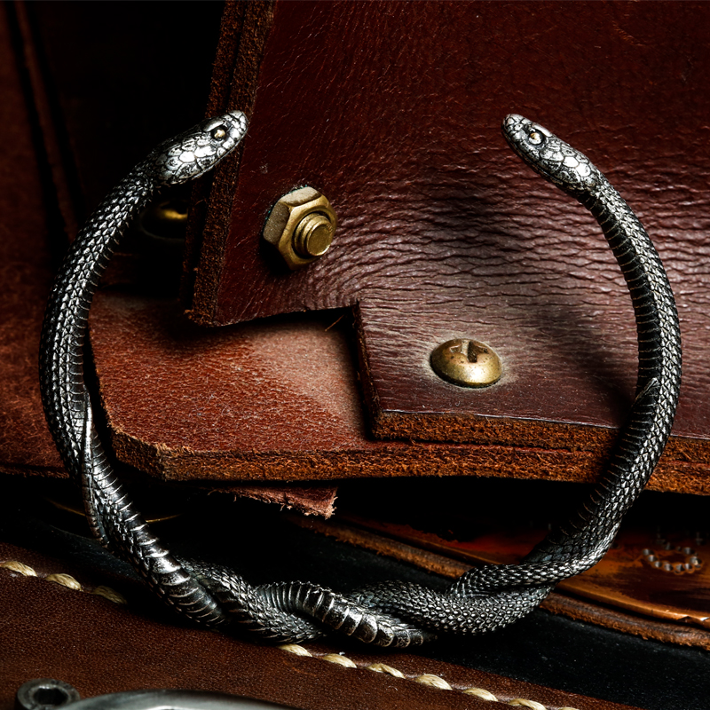 925银手镯 吾蟲双蛇缠绕手镯银创意手环开口镯情侣时尚百搭个性