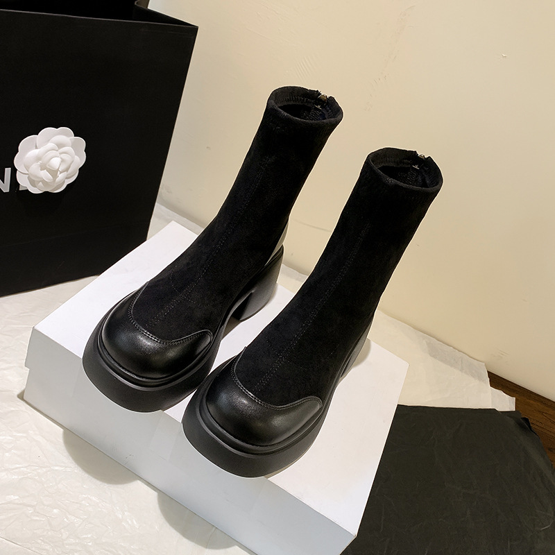 复古粗跟弹力瘦瘦靴厚底马丁靴短靴女2023秋冬季新款高跟短靴袜靴