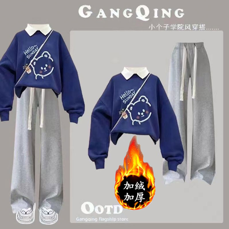 加绒加厚休闲运动服秋冬季12-15岁高档女大童套装洋气时尚两件套