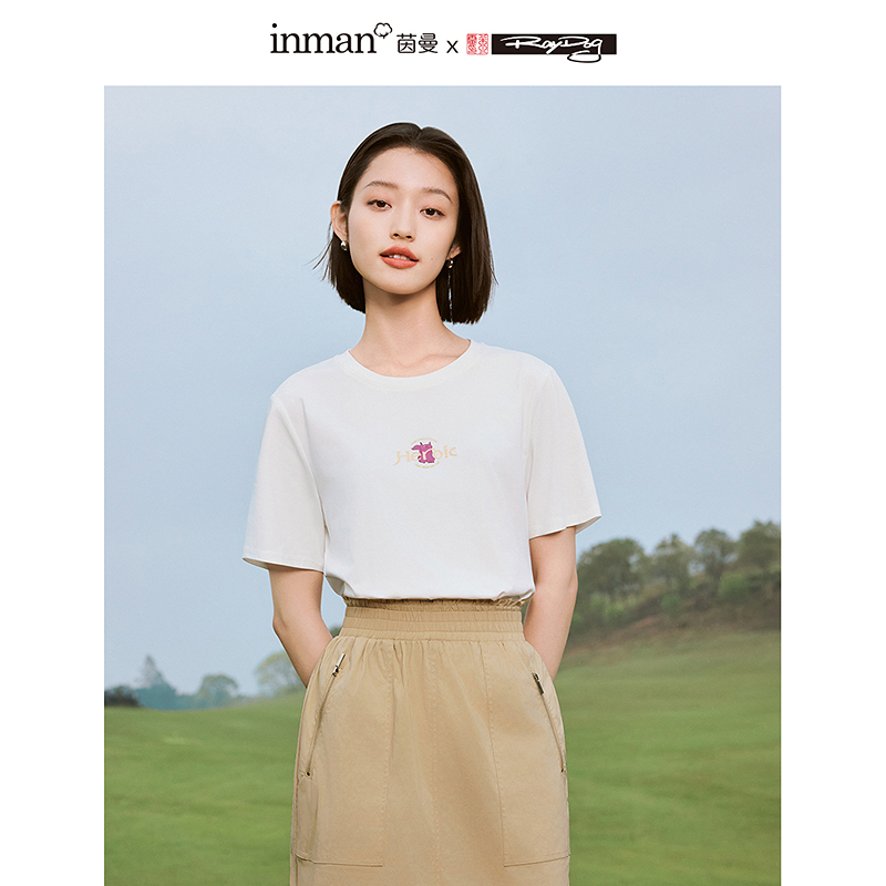 【商场同款】茵曼夏季女T恤上衣短袖女装新款休闲圆领短款印花纯色