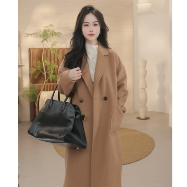 茵曼2024冬季新款女毛呢外套长款上衣保暖双面休闲腰翻领时尚长袖