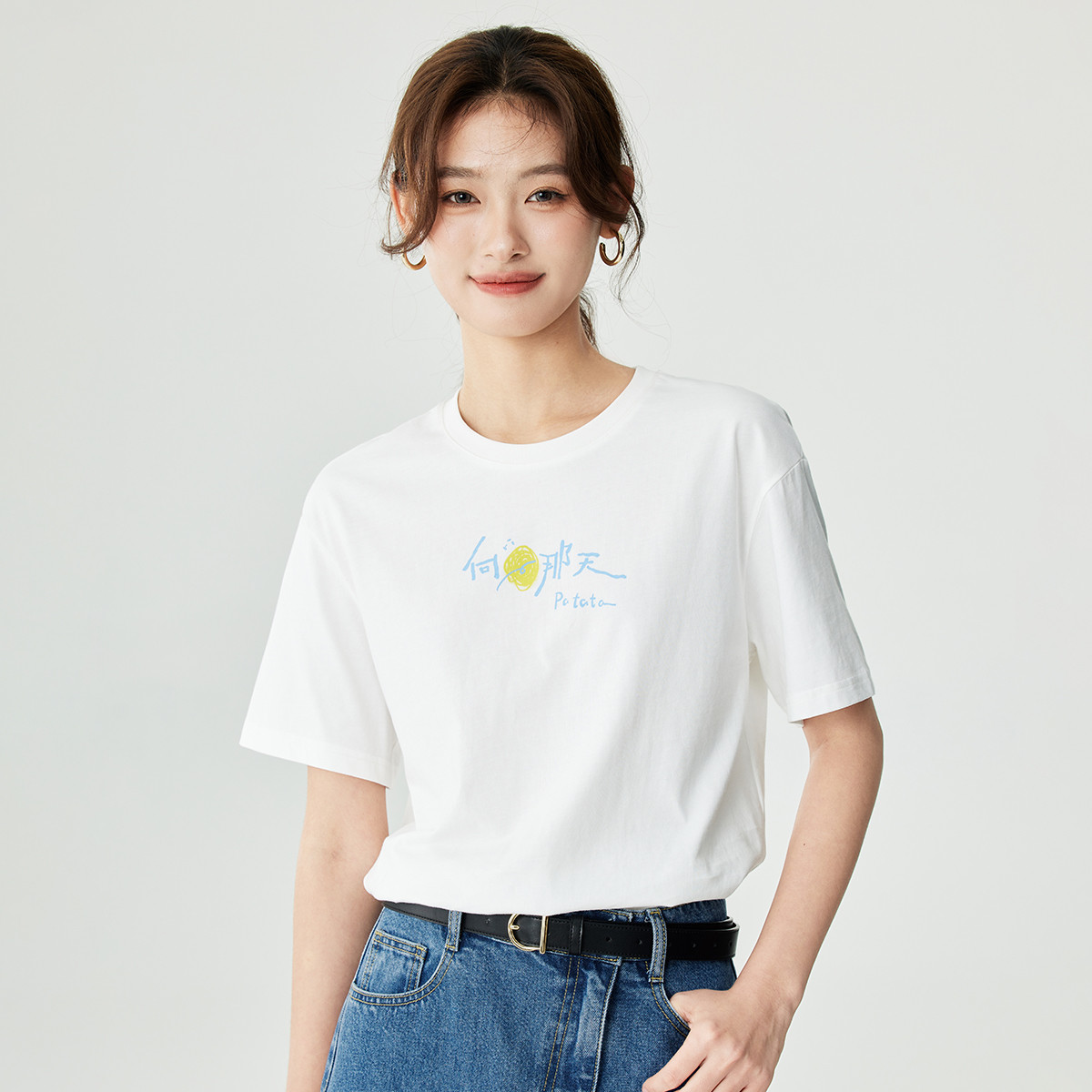 【雅丹风】茵曼2024夏季新款女T恤上衣短袖时尚纯棉情侣休闲圆领