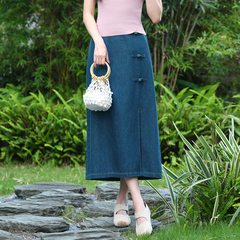 茵曼2025春秋新款女半身裙牛仔裙A字裙休闲中长百搭开叉时尚爆款