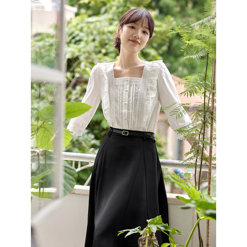 茵曼春秋女衬衫衬衣上衣女装新款纯棉泡泡袖休闲套头小飞袖通勤