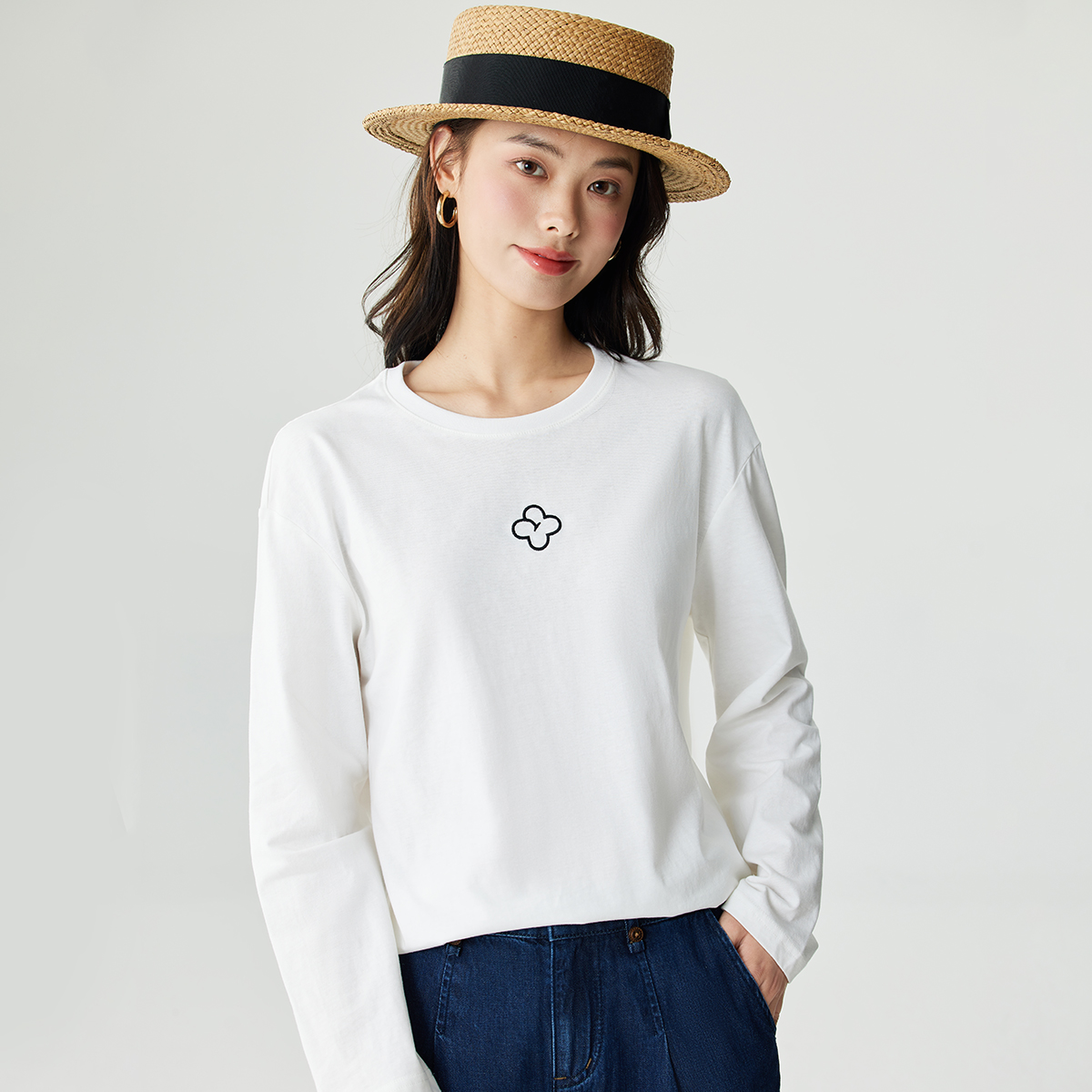 【双旦礼遇季】茵曼夏季时尚长袖T恤女圆领休闲舒适百搭纯棉打底衫