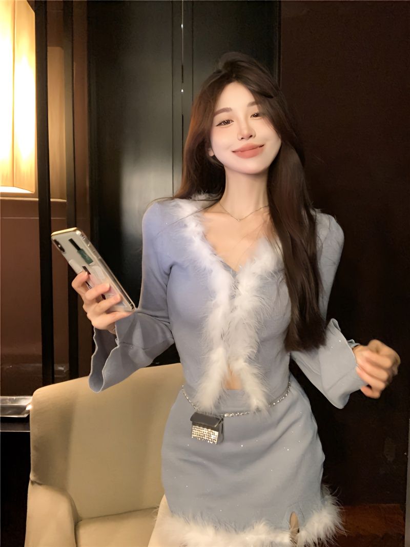 纯欲风套装秋冬甜辣妹长袖设计感毛绒拼接短款内搭针织小开衫上衣