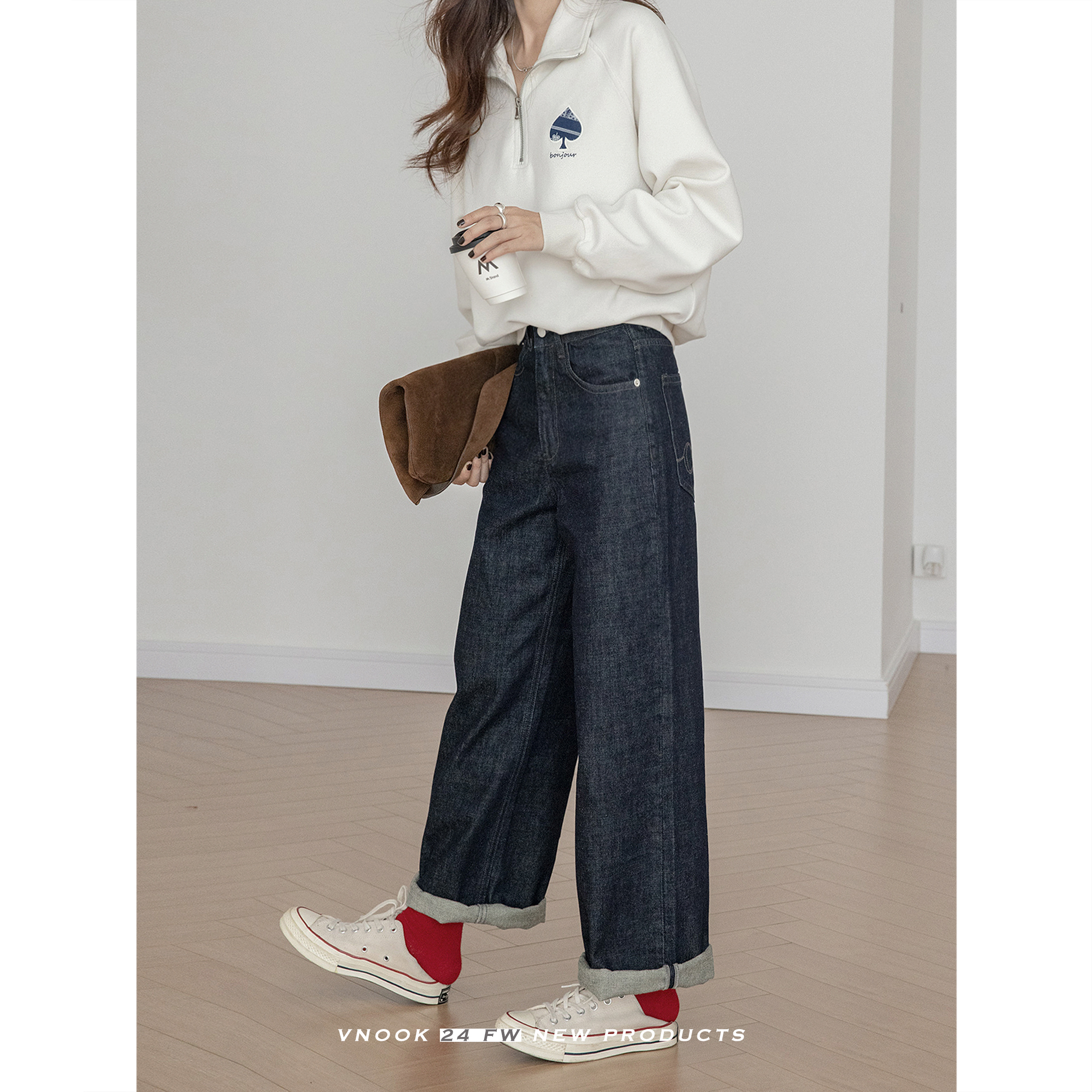 vnook【清仓】丹宁原牛直筒牛仔长裤女中腰宽松休闲复古阔腿裤