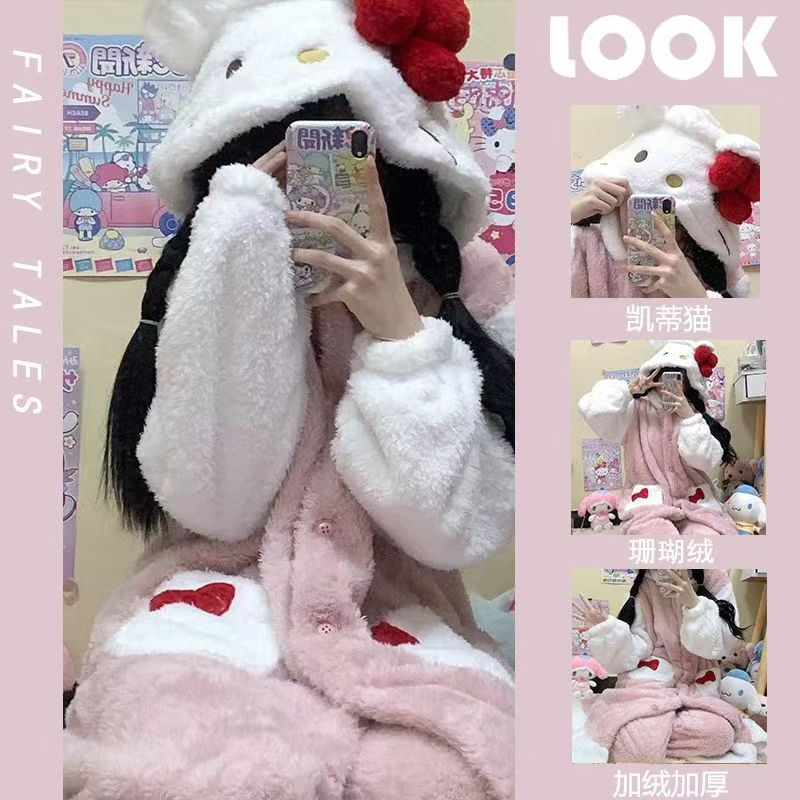 hellokitty睡衣女秋冬季珊瑚绒加绒加厚可外穿凯蒂猫睡袍长款可爱