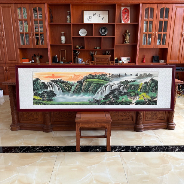 纯手绘实木框传统国画山水画带框65x225厘米旭日东升客厅画