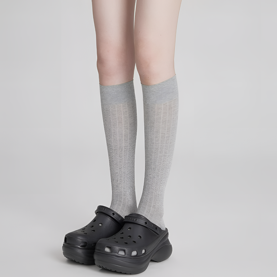 韩版jk浅灰色春夏季女ins中筒袜子百搭简约竖条纹薄棉针织小腿袜