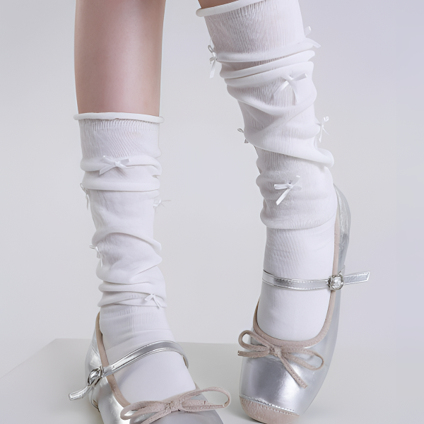 日系jk甜美蝴蝶结堆堆袜白色小腿袜简约中筒袜子女薄款2025春夏季