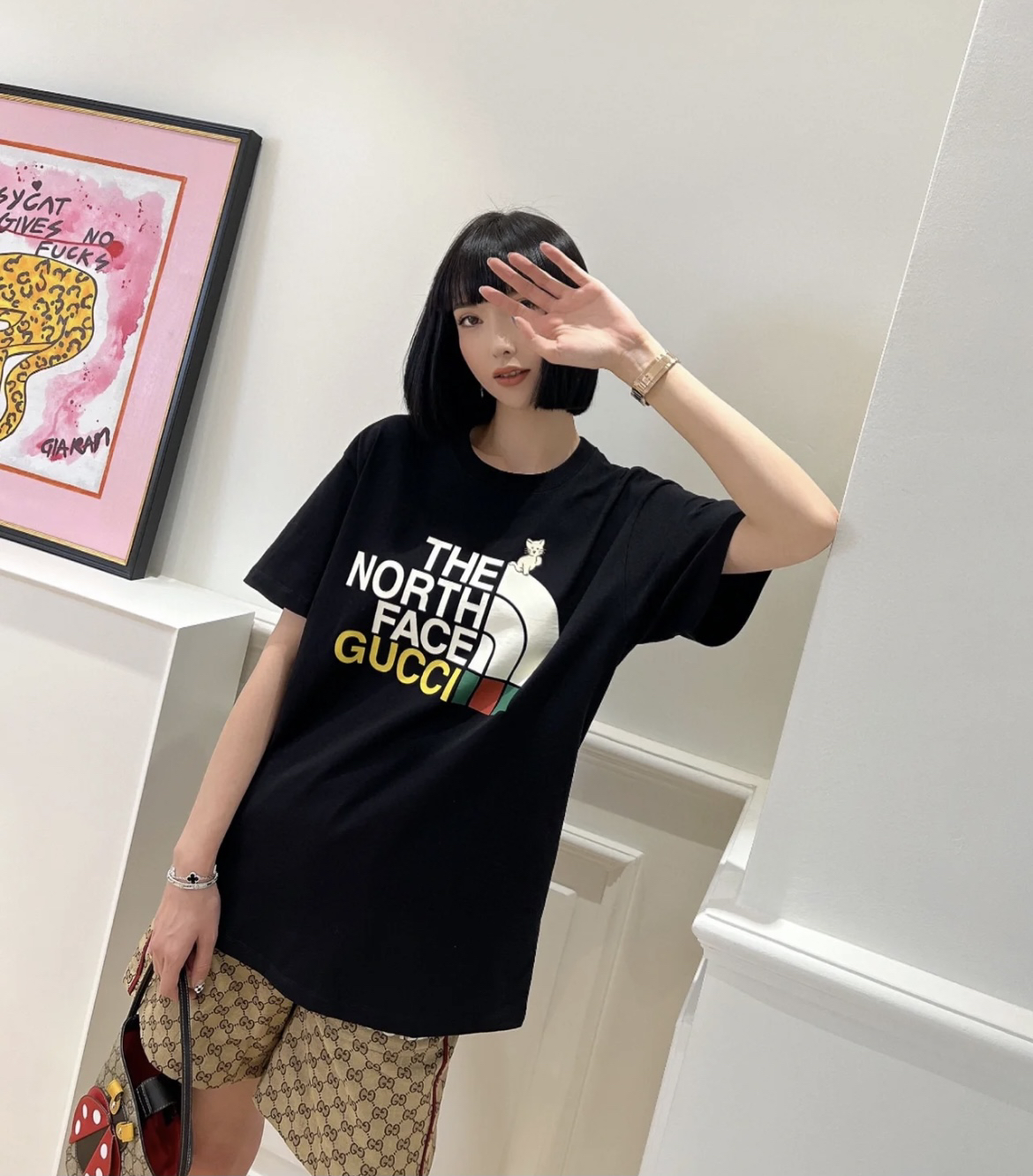 95新 GUCCI/古驰 cj零零五七 棉 北面联名logo短袖 M码