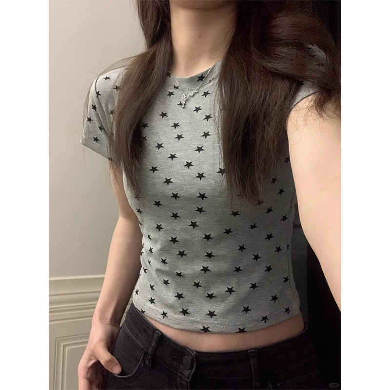 正肩星星圆领短袖t恤女夏季美式复古千禧辣妹修身显瘦短款小上衣