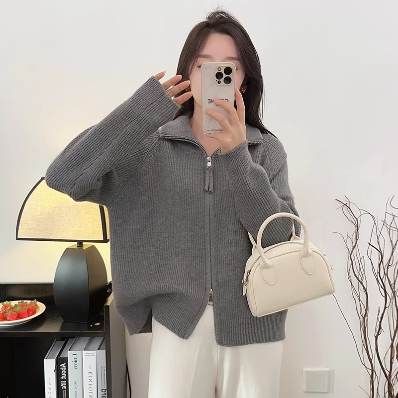 双拉链半高领针织开衫外套女秋冬季2024新款打底衫慵懒毛衣外搭女