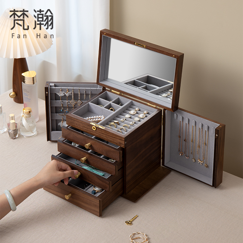 首饰盒/箱 梵瀚 木质首饰盒带锁大容量复古黄金珠宝盒带镜饰品盒