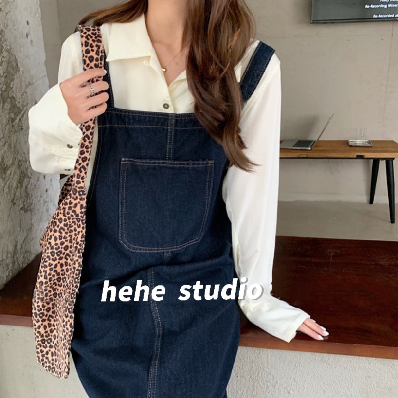 2024高品质简约耐看新款韩版深蓝色背带牛仔时尚显瘦连体裙复古