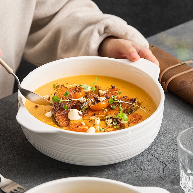 【高温白玉瓷】双耳条纹碗 双耳汤碗家用防烫白色大碗日式轻奢汤盆