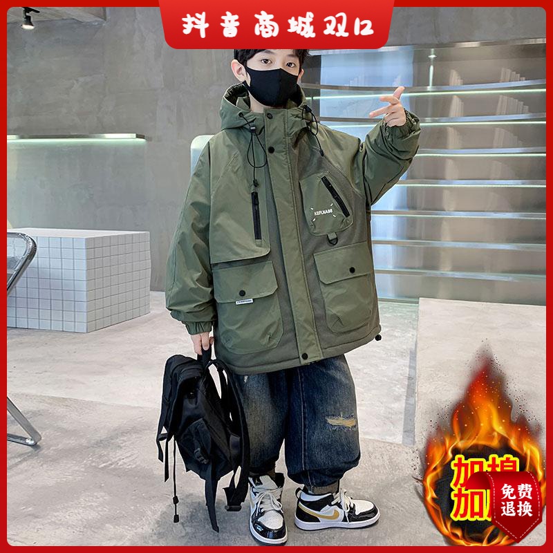 安踏流行儿童装男童加绒外套秋冬款2023新款加厚男孩冲锋衣冬季派