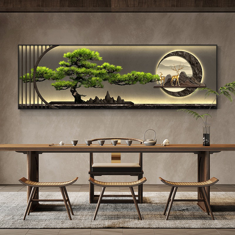 【小扬哥推荐】迎客松新中式茶室背景墙装饰画办公室沙发壁画侘寂