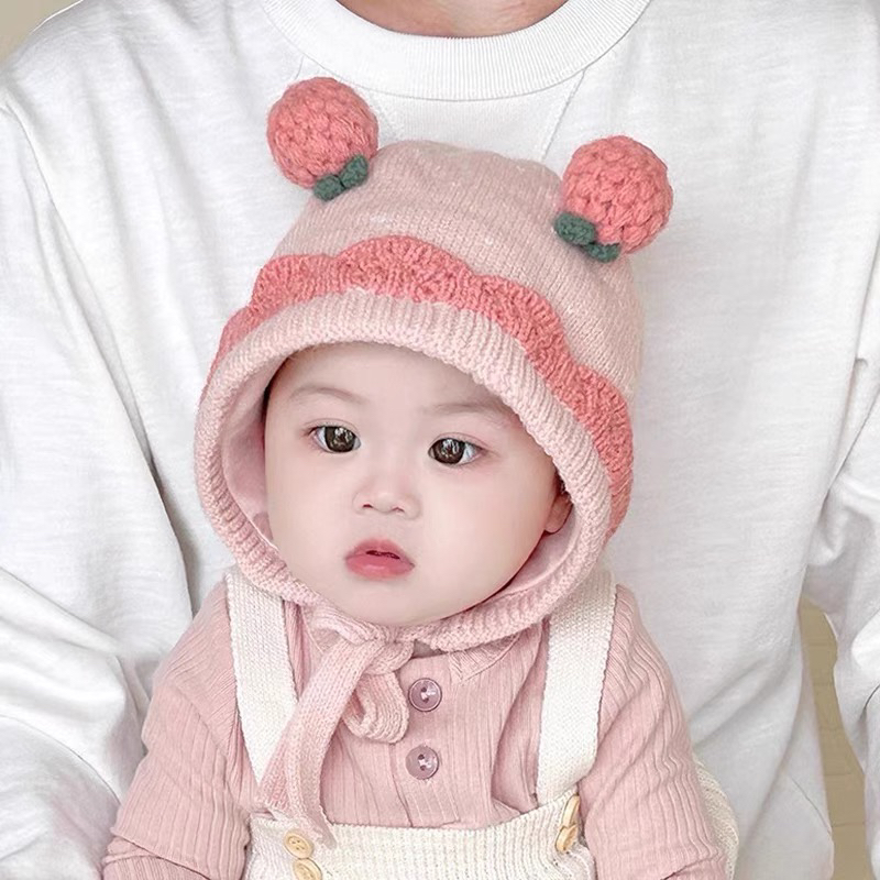婴儿帽子秋冬套头帽婴幼儿护耳帽小月龄女宝宝公主冬季外出毛线帽