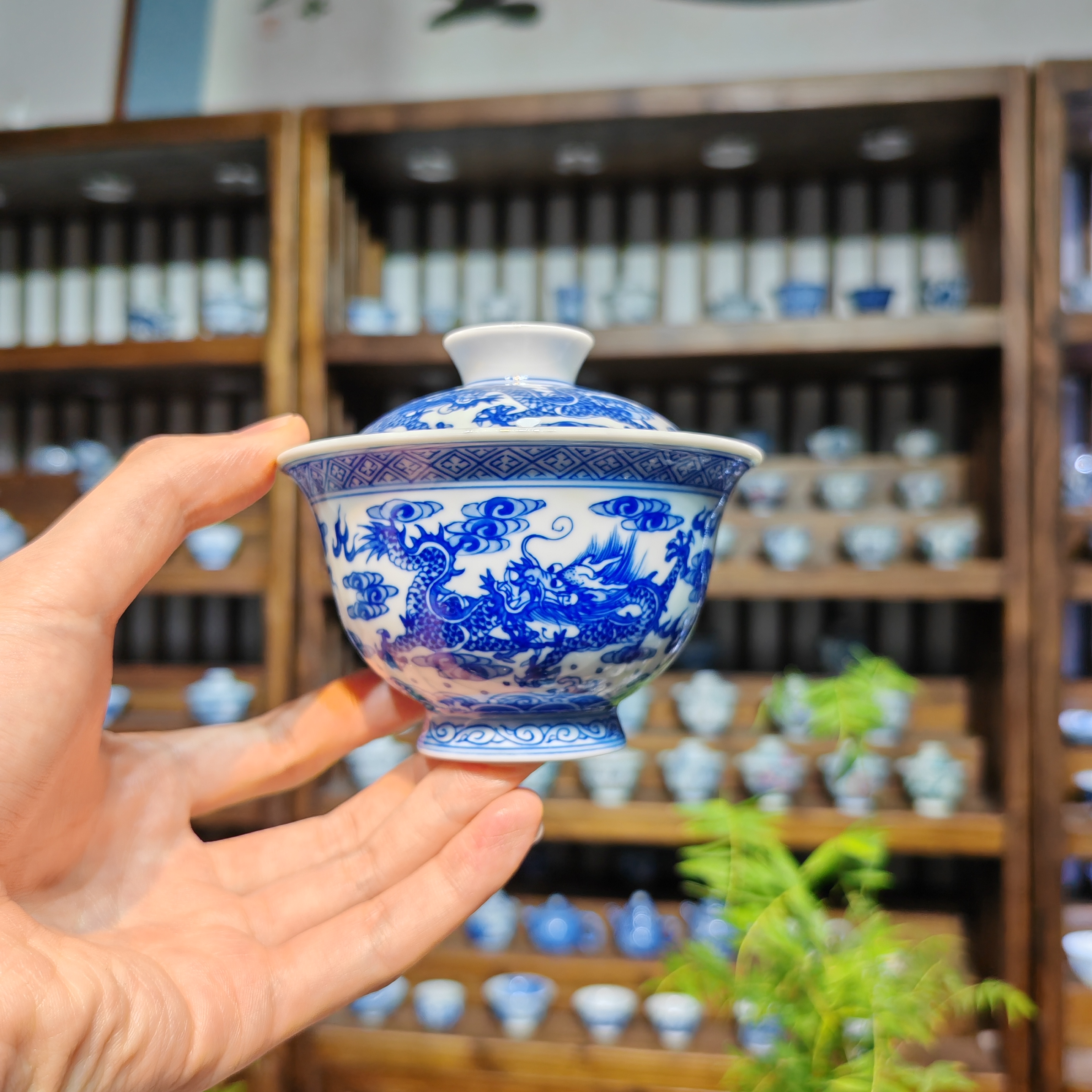 明逸堂大盖碗瓷盖碗茶杯青花瓷茶具手绘陶瓷｜重工五龙盖碗｜150cc