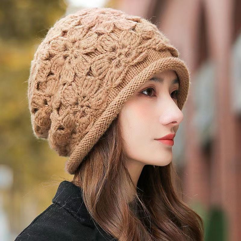 手工钩花双层保暖包头帽冬季加厚帽子女新款民族风针织毛线堆堆帽