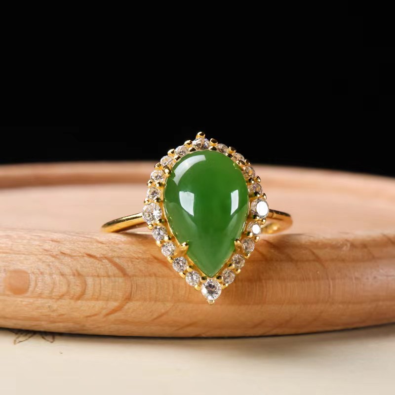 【碧玉水滴戒指】和田玉S925银镶嵌配礼盒文品节庆文创