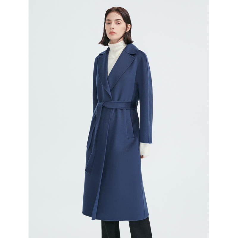 朗姿冬季新款澳洲100%羊毛水波纹热力感时尚收腰羊绒双面呢蓝色