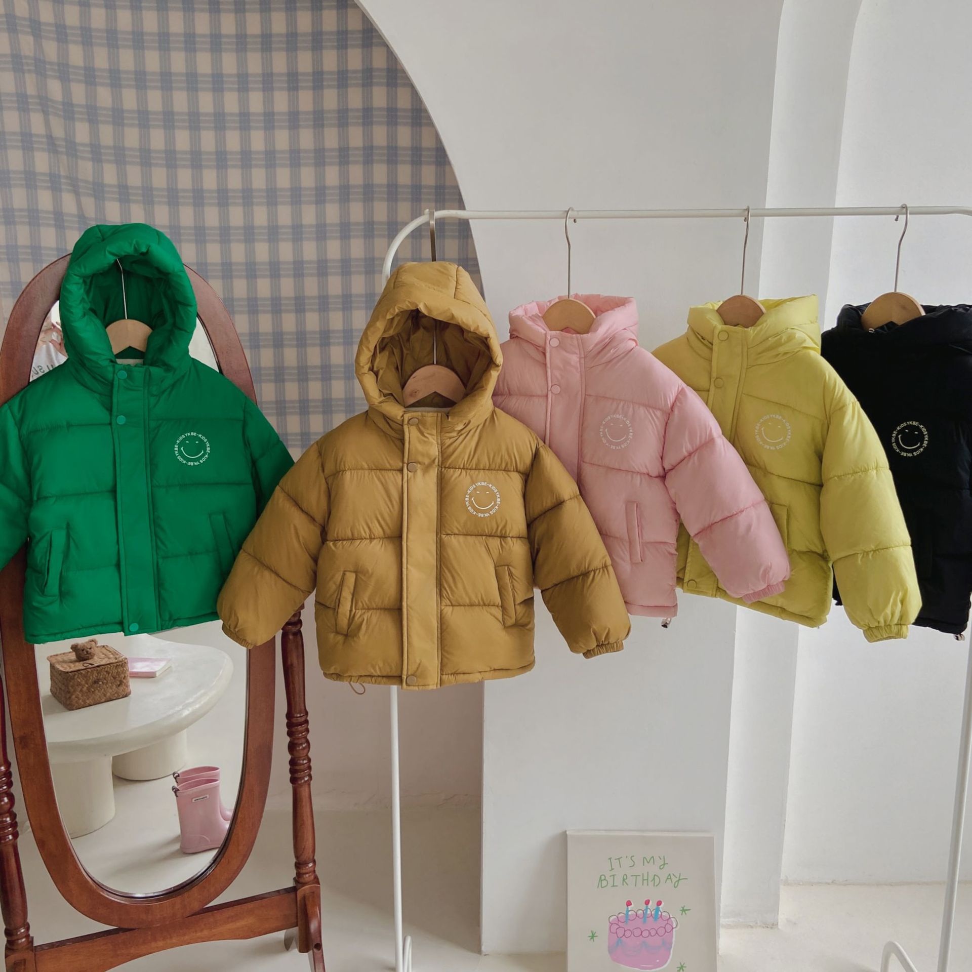 儿童棉服2023新款笑脸棉服加绒加厚外衣男女保暖短款面包服批发