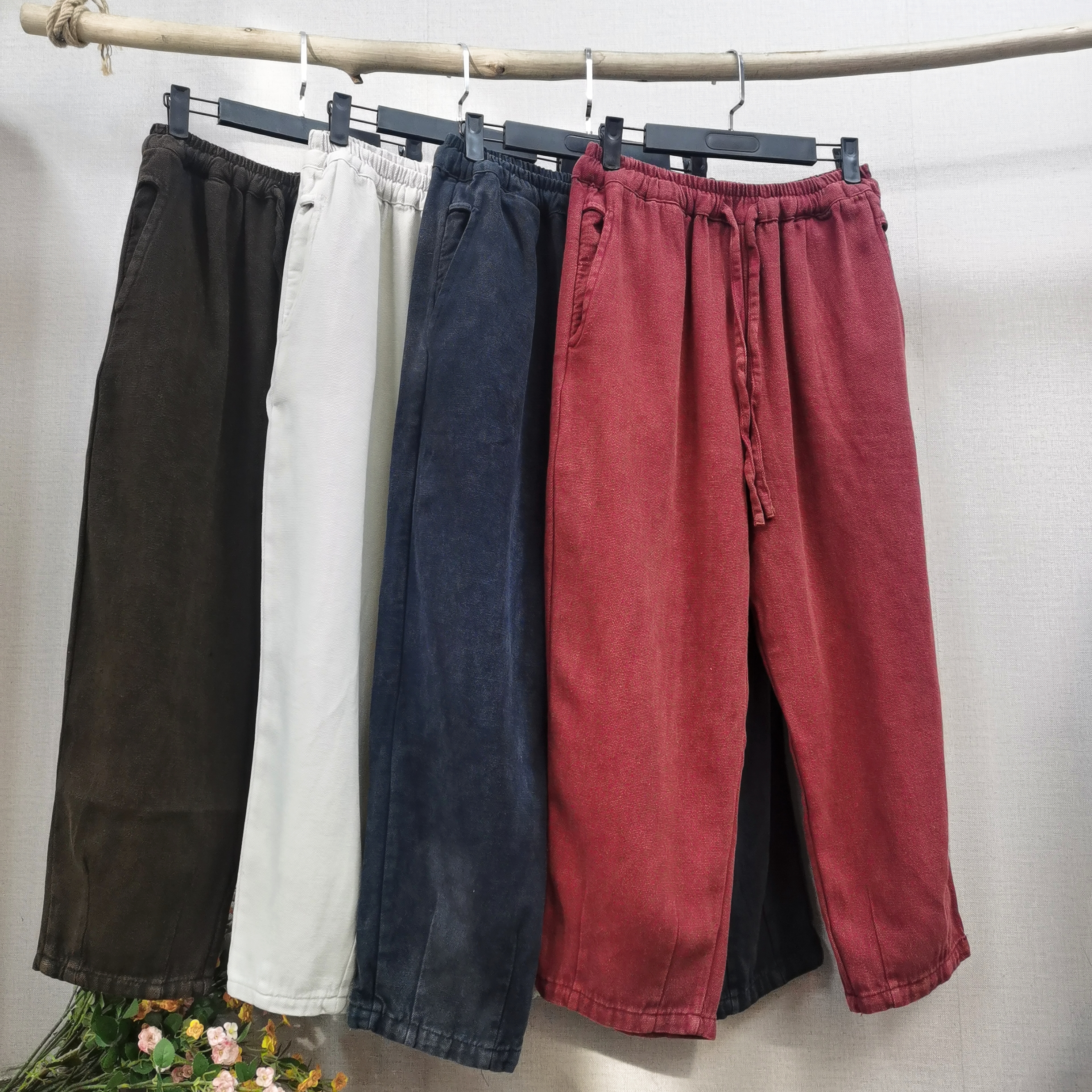 儒品素衣9038亚麻炒色抽绳小脚裤