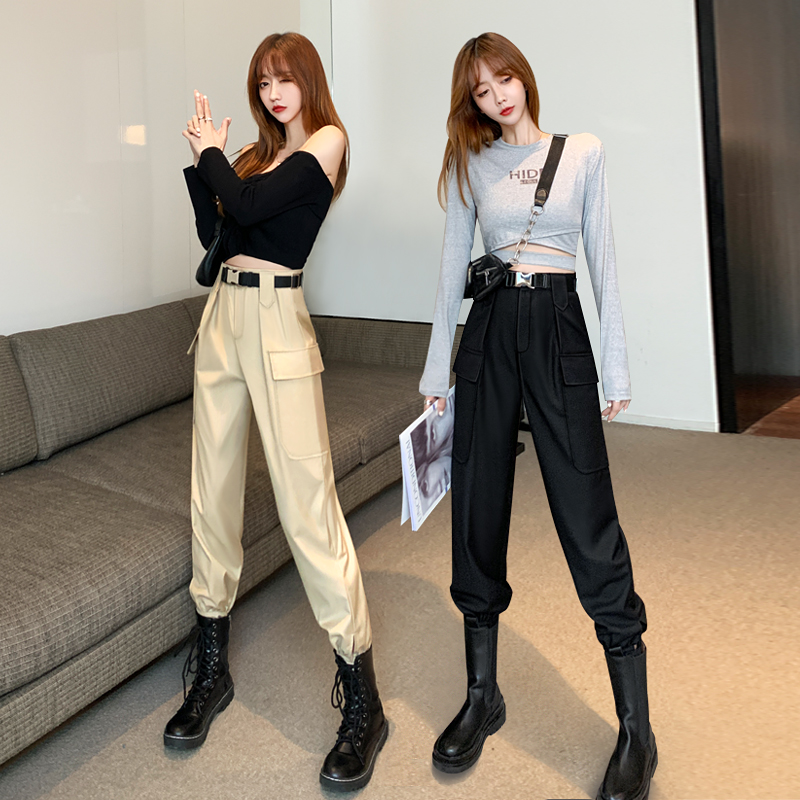 u 91工装裤女夏秋2025新款美式高腰显瘦哈伦黑色小个子休闲束脚裤