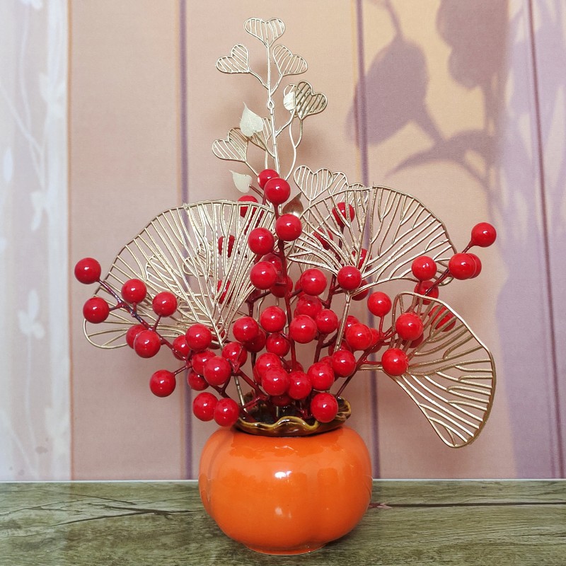 乔迁之喜装饰柿柿如意陶瓷客厅摆件室内家居红浆果发财果手工摆件