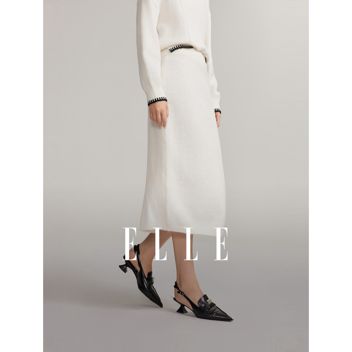 ELLE法式简约气质半身裙2024冬季新款雅丹风开叉撞色长款ER49524