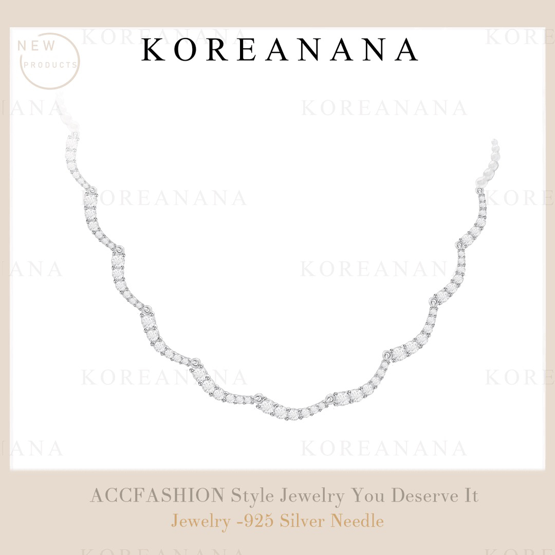 铜合金合成锆石项链 镀K金 浪漫波浪链～轻奢弧形甜美项链E090