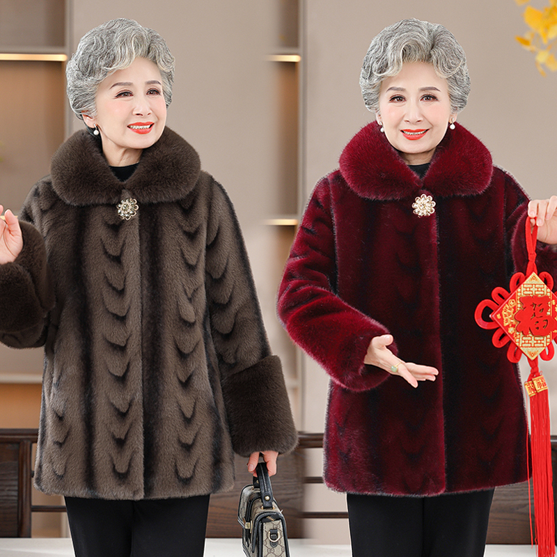 洋气妈妈装中长款加绒加厚保暖外套水貂绒中老年人奶奶装棉衣气质